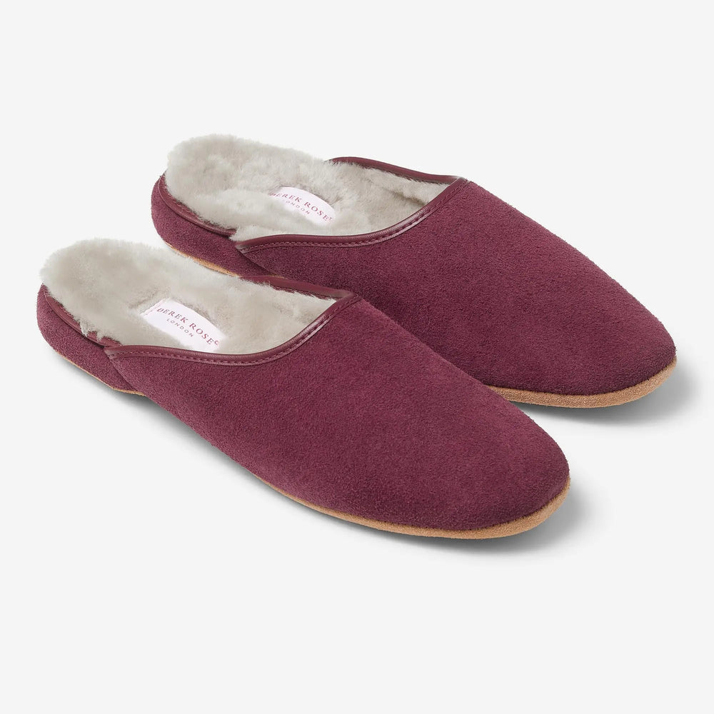 Derek Rose Women's Mule Slippers Imogen Suede Sheepskin Bordeaux Derek Rose