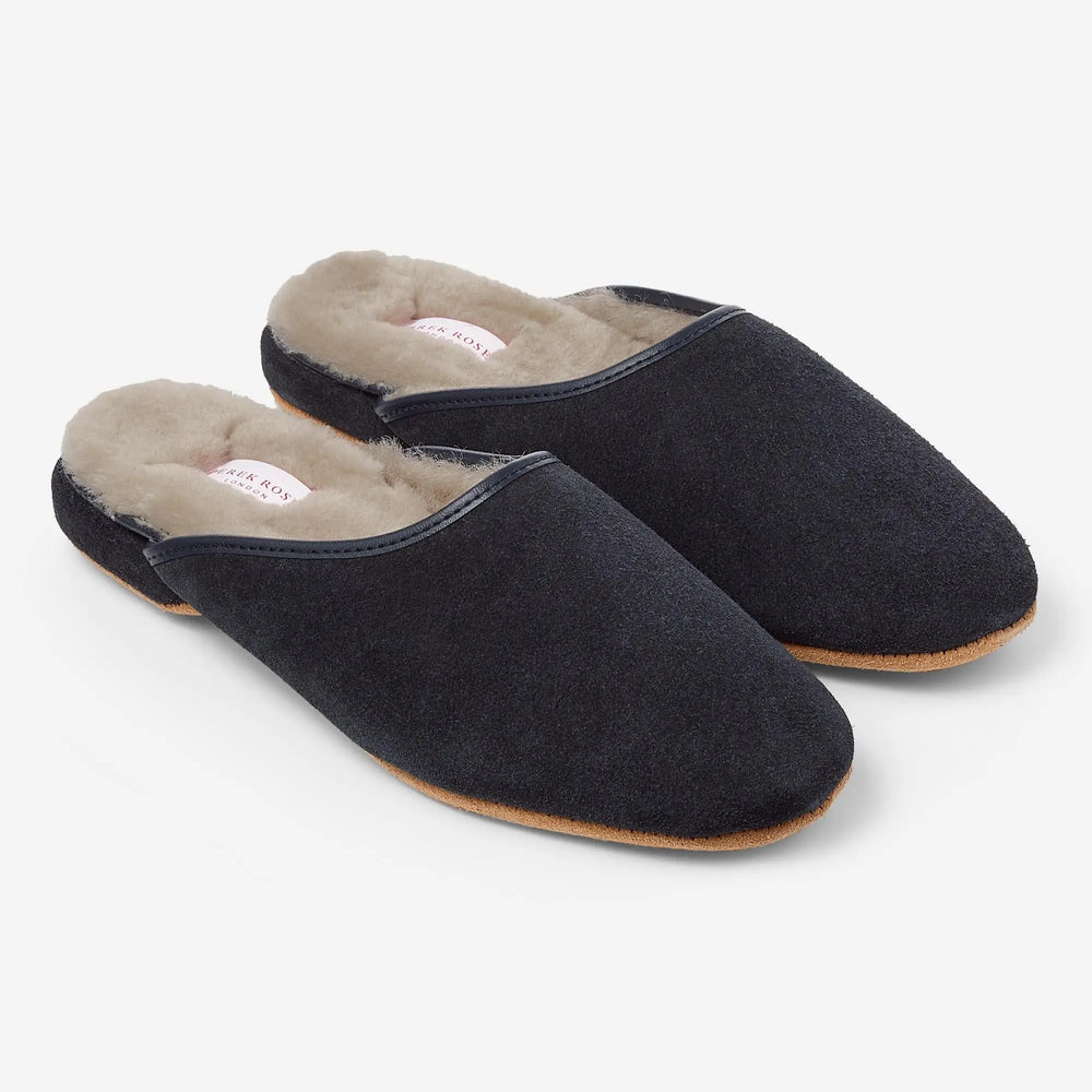 Derek Rose Women's Mule Slippers Imogen Suede Sheepskin Navy Derek Rose
