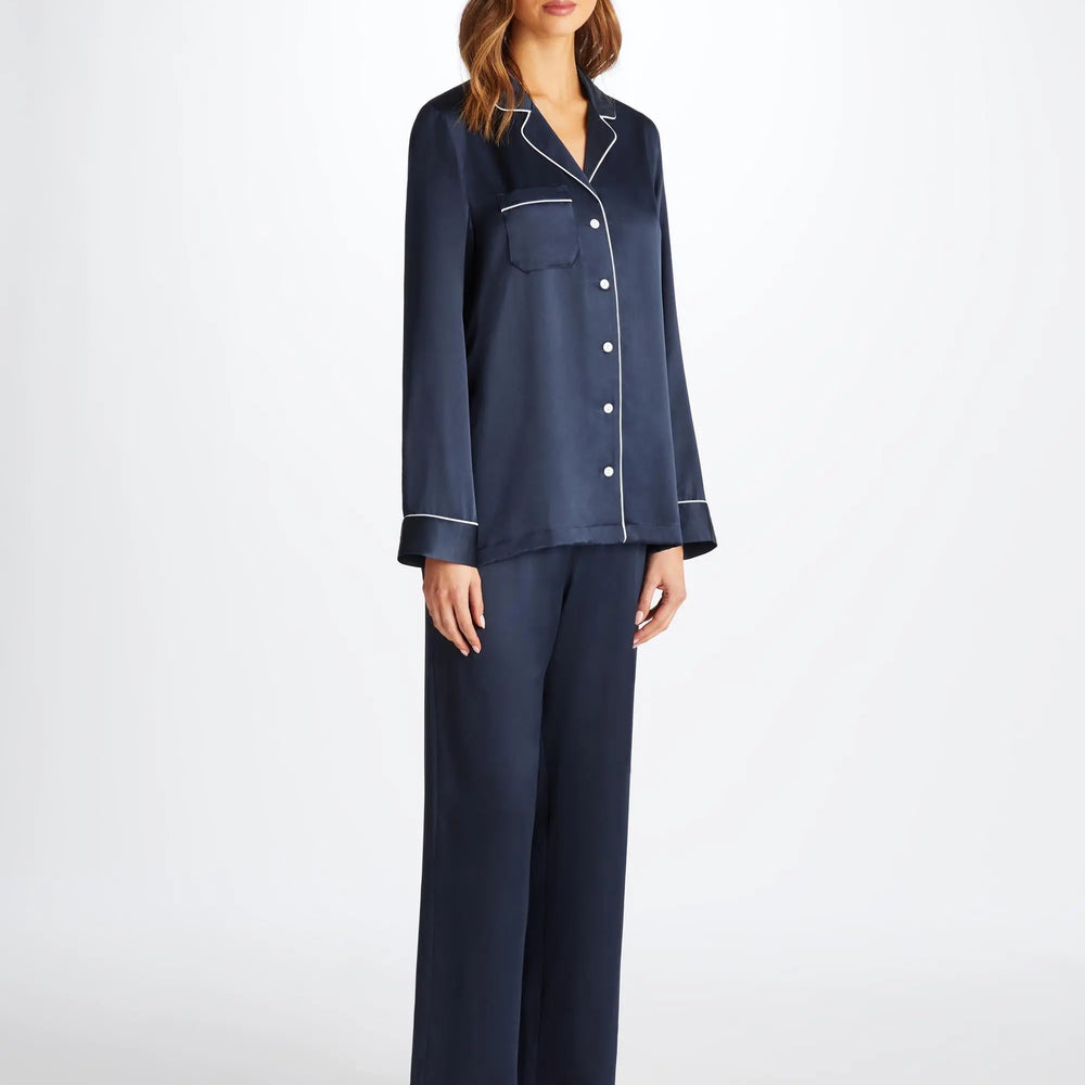 Derek Rose Women's Pyjamas Bailey Silk Satin Navy Derek Rose