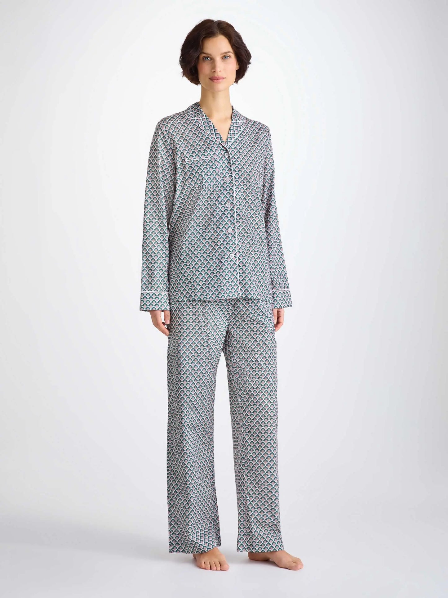 Derek Rose Women's Pyjamas Cotton Batiste Jungle Green Scalloped Leaf Print Derek Rose
