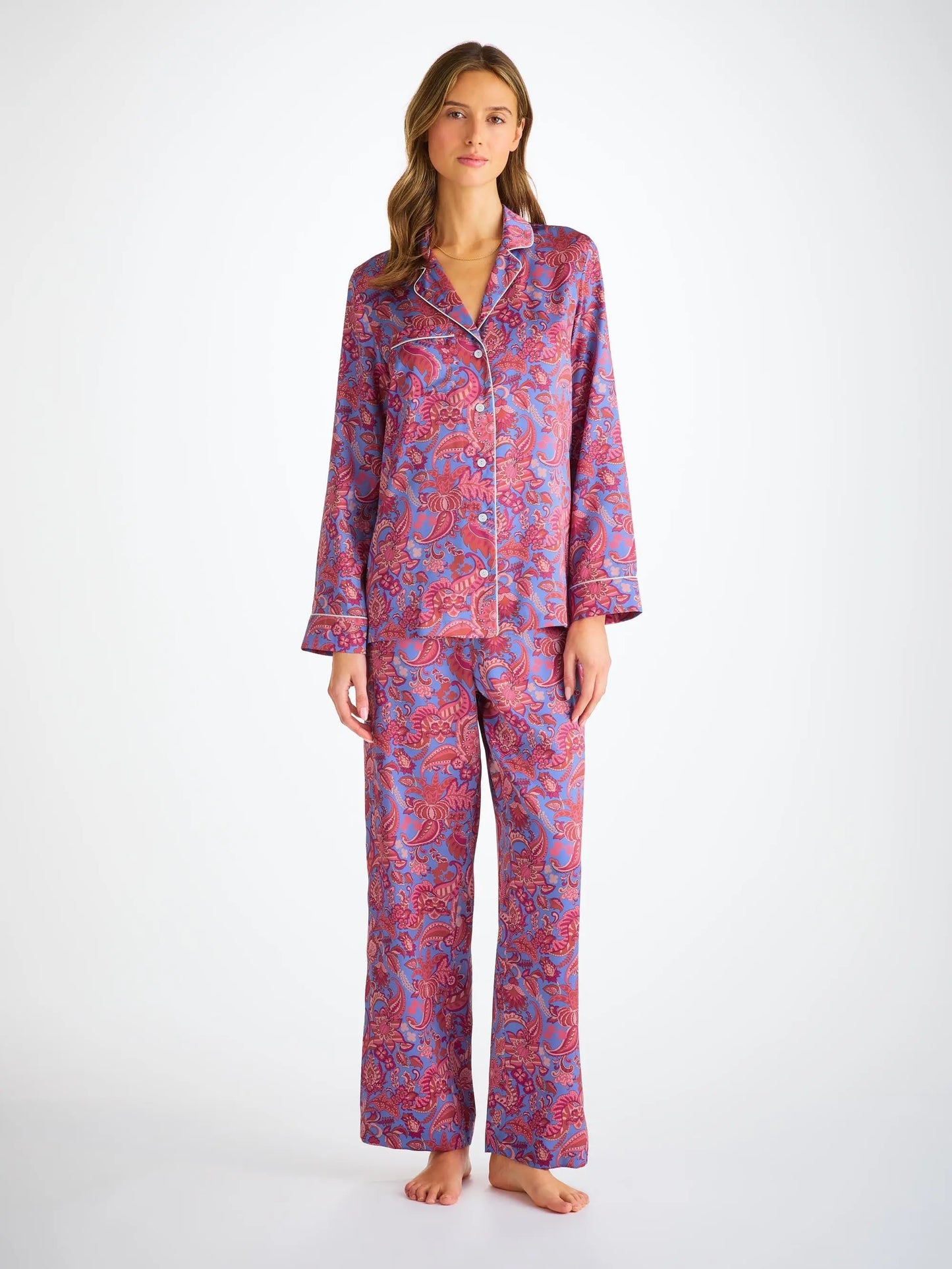 Derek Rose Women's Pyjamas Silk Satin Amethyst Jungle Paisley Pattern Derek Rose