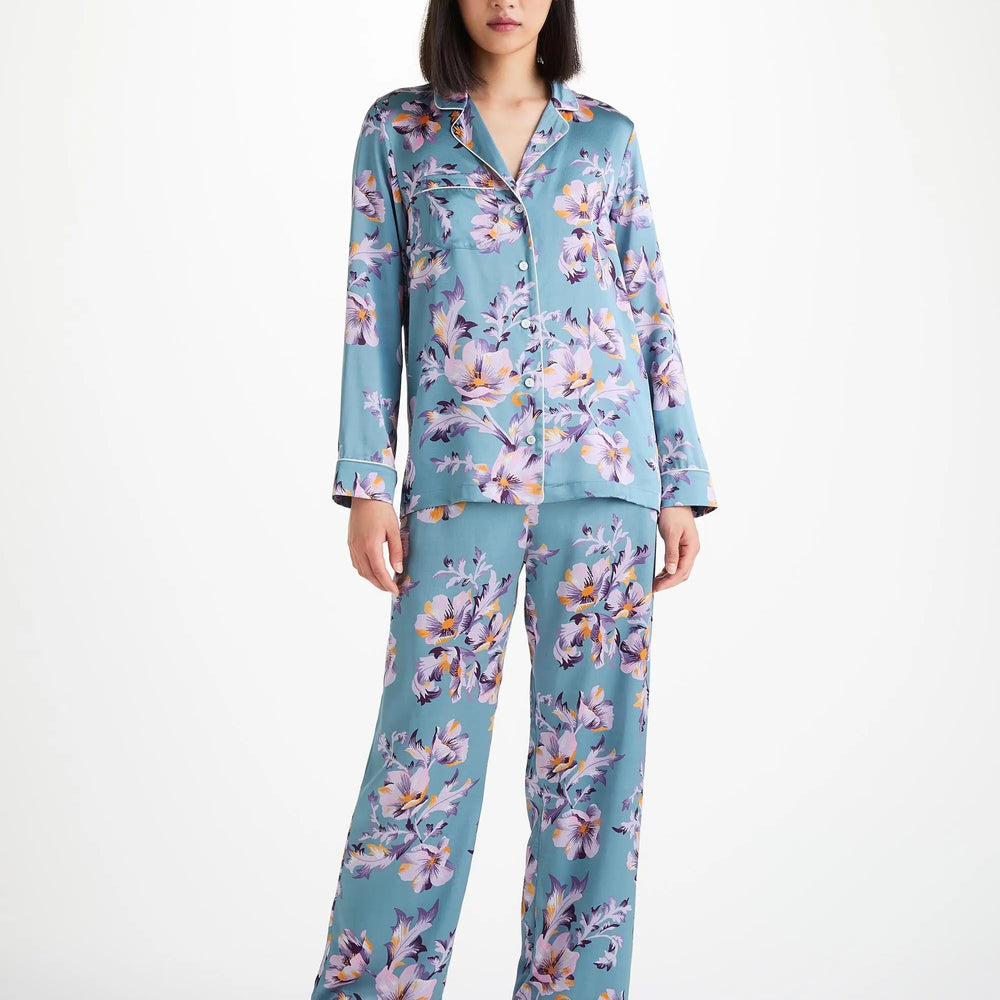 Derek Rose Women's Pyjamas Silk Satin Blue Wildflower Pattern Derek Rose