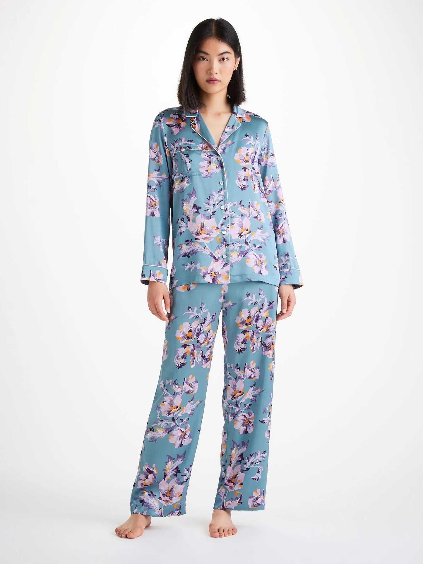 Derek Rose Women's Pyjamas Silk Satin Blue Wildflower Pattern Derek Rose