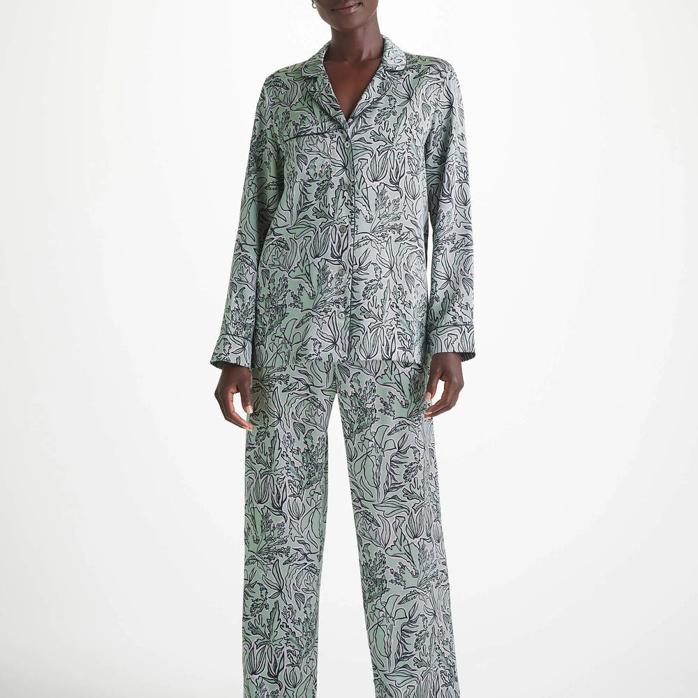 Derek Rose Women's Pyjamas Silk Satin Green Sea Kelp Pattern Derek Rose