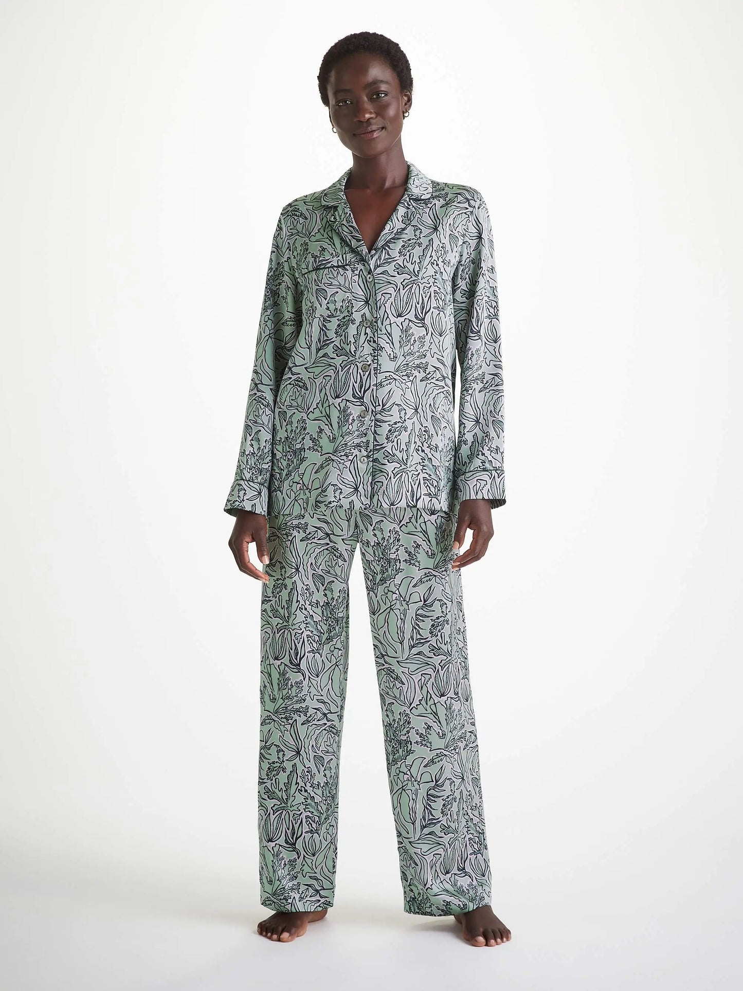 Derek Rose Women's Pyjamas Silk Satin Green Sea Kelp Pattern Derek Rose