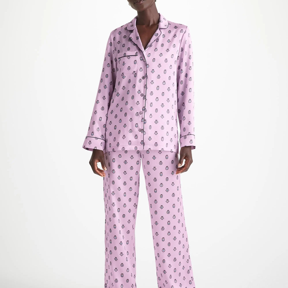 Derek Rose Women's Pyjamas Silk Satin Lilac Badge Pattern Derek Rose