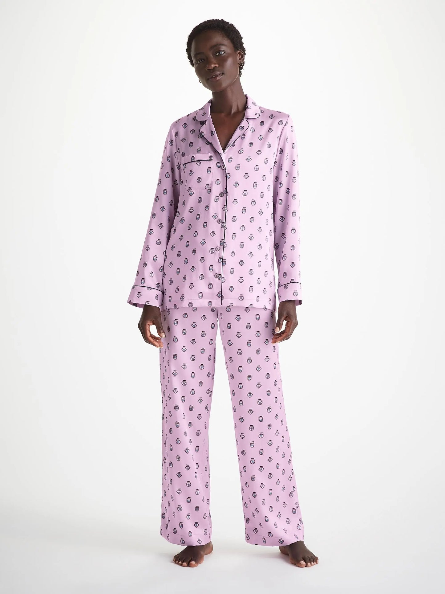 Derek Rose Women's Pyjamas Silk Satin Lilac Badge Pattern Derek Rose