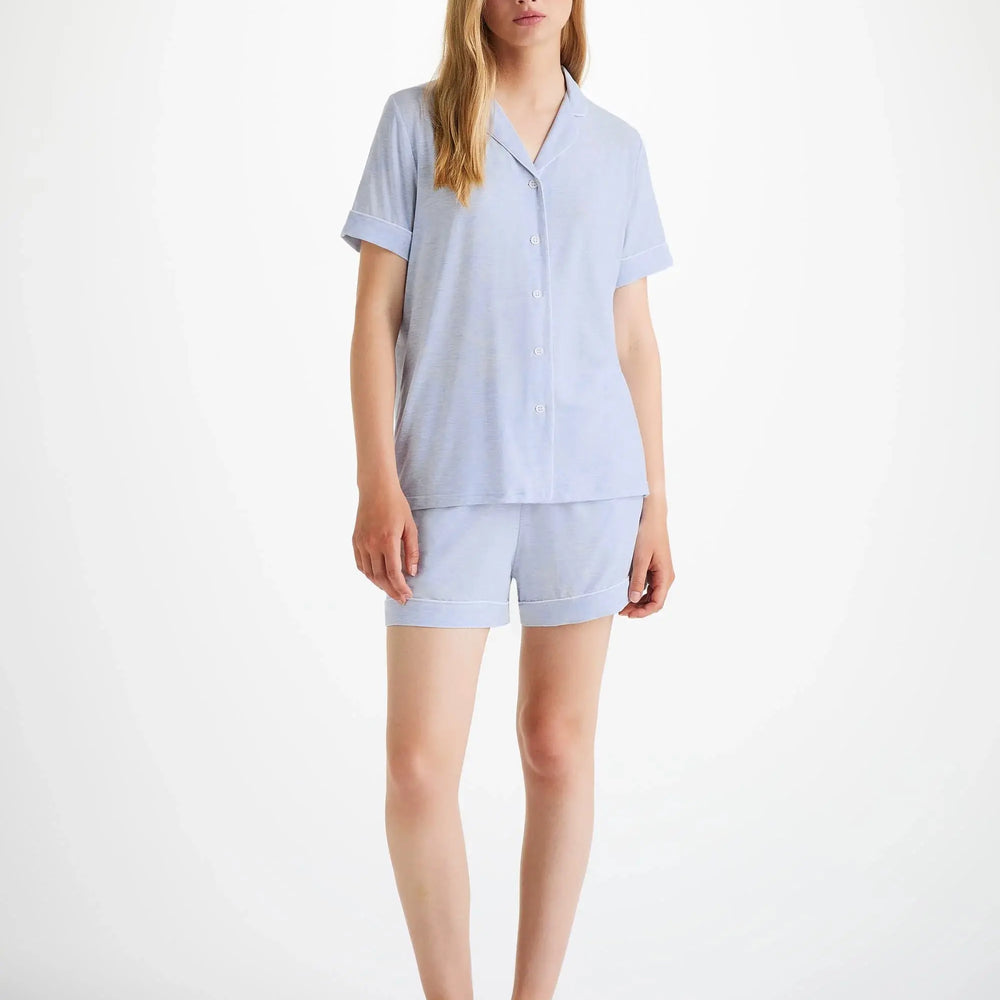 Derek Rose Women's Short Pyjamas Ethan Micro Modal Stretch Light Blue Marl Derek Rose