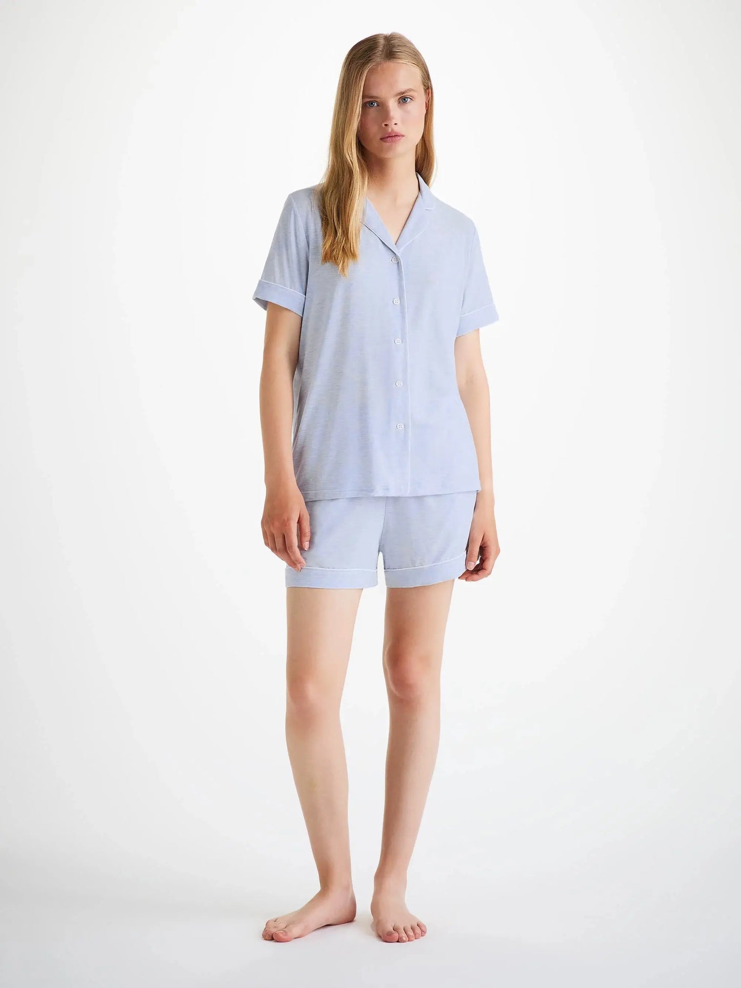 Derek Rose Women's Short Pyjamas Ethan Micro Modal Stretch Light Blue Marl Derek Rose