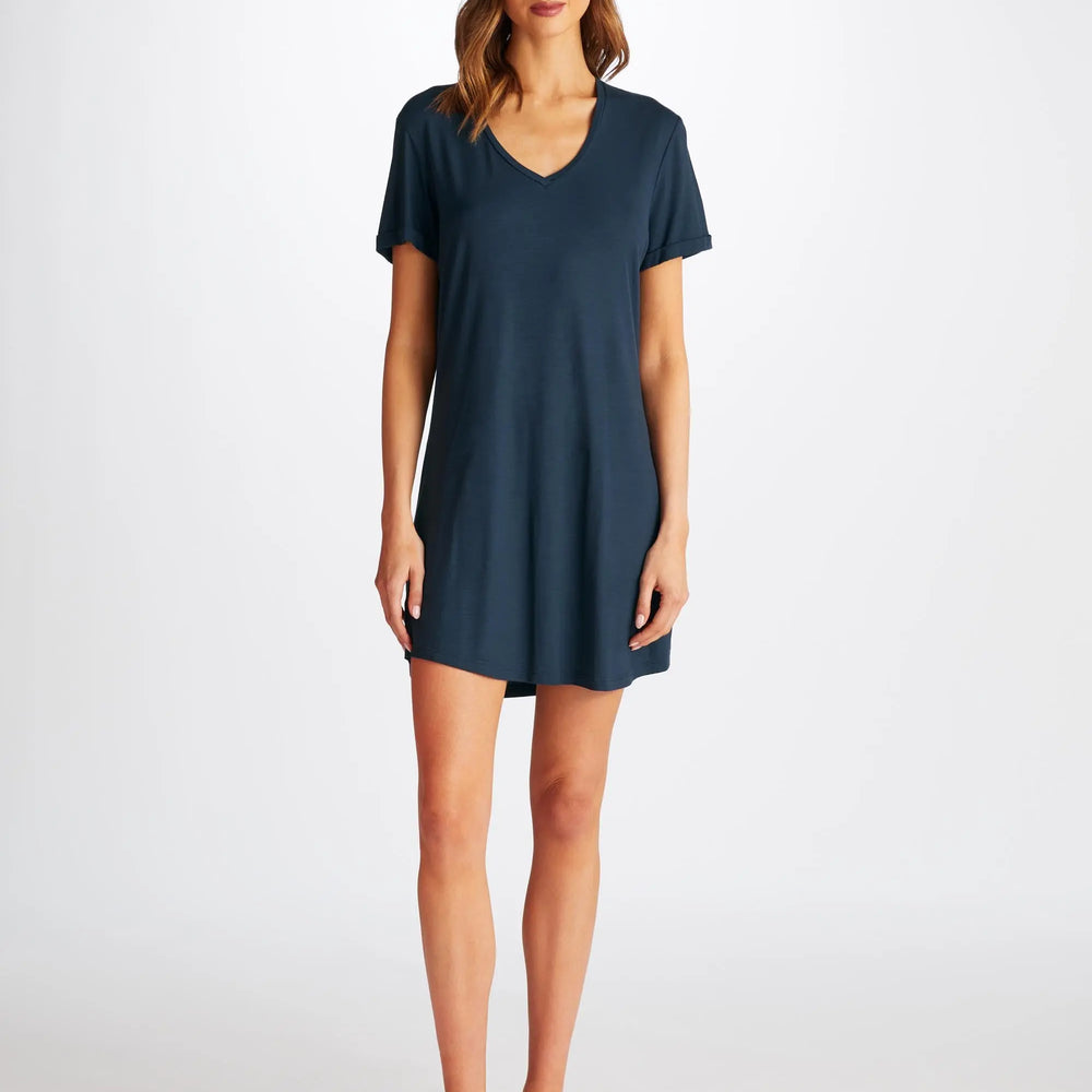 Derek Rose Women's V-Neck Sleep T-Shirt Lara Micro Modal Stretch Navy Derek Rose