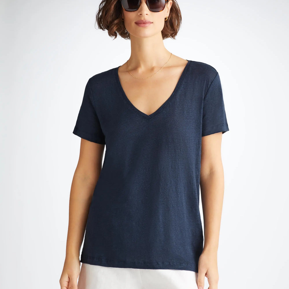 Derek Rose Women's V-Neck T-Shirt Jordan Linen Navy Derek Rose