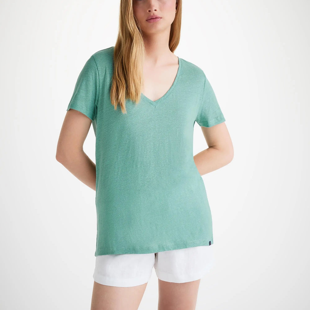 Derek Rose Women's V-Neck T-Shirt Jordan Linen Soft Aqua Derek Rose