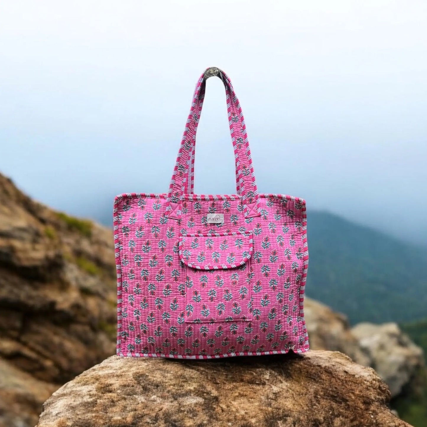 Devika Pink Block Printed Tote Bag Naree Clothing