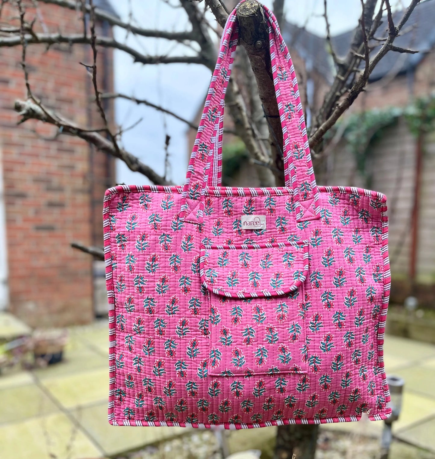 Devika Pink Block Printed Tote Bag Naree Clothing