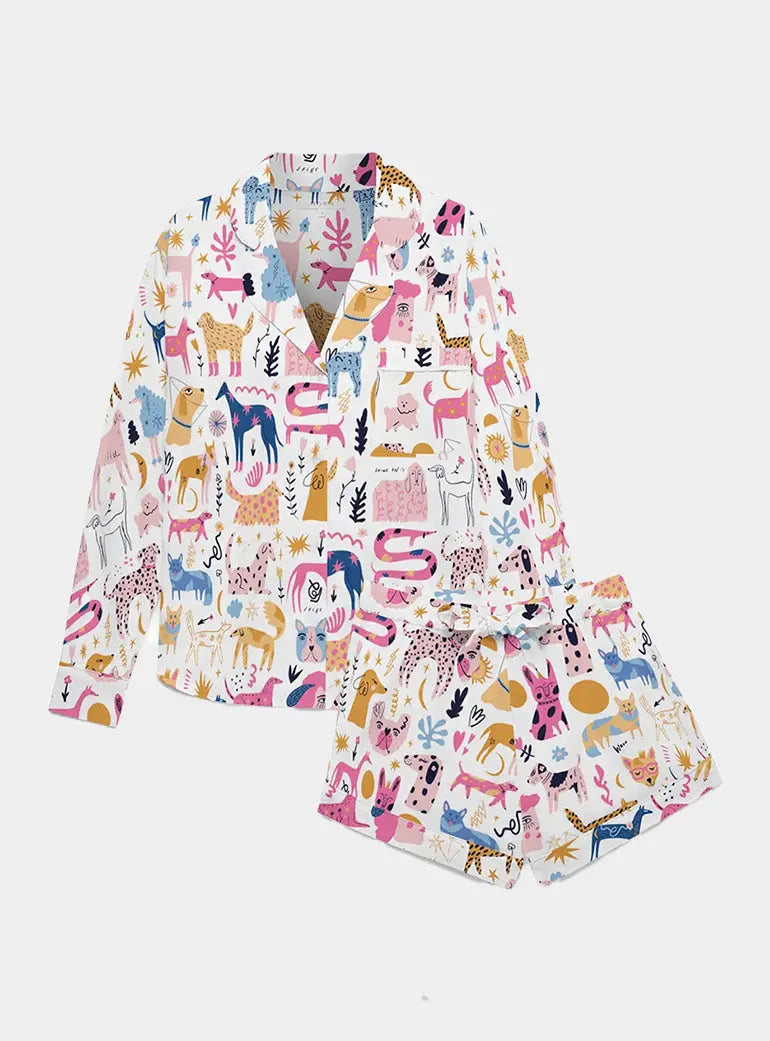 Dog Print Women's Long Sleeve Organic Cotton Pyjama Short Set Myza