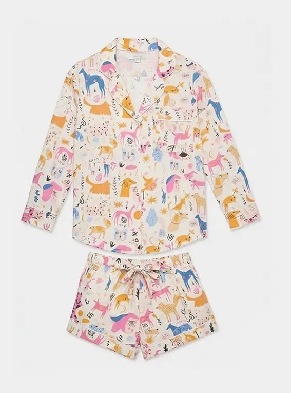 Dog Print Women's Long Sleeve Organic Cotton Pyjama Short Set Myza