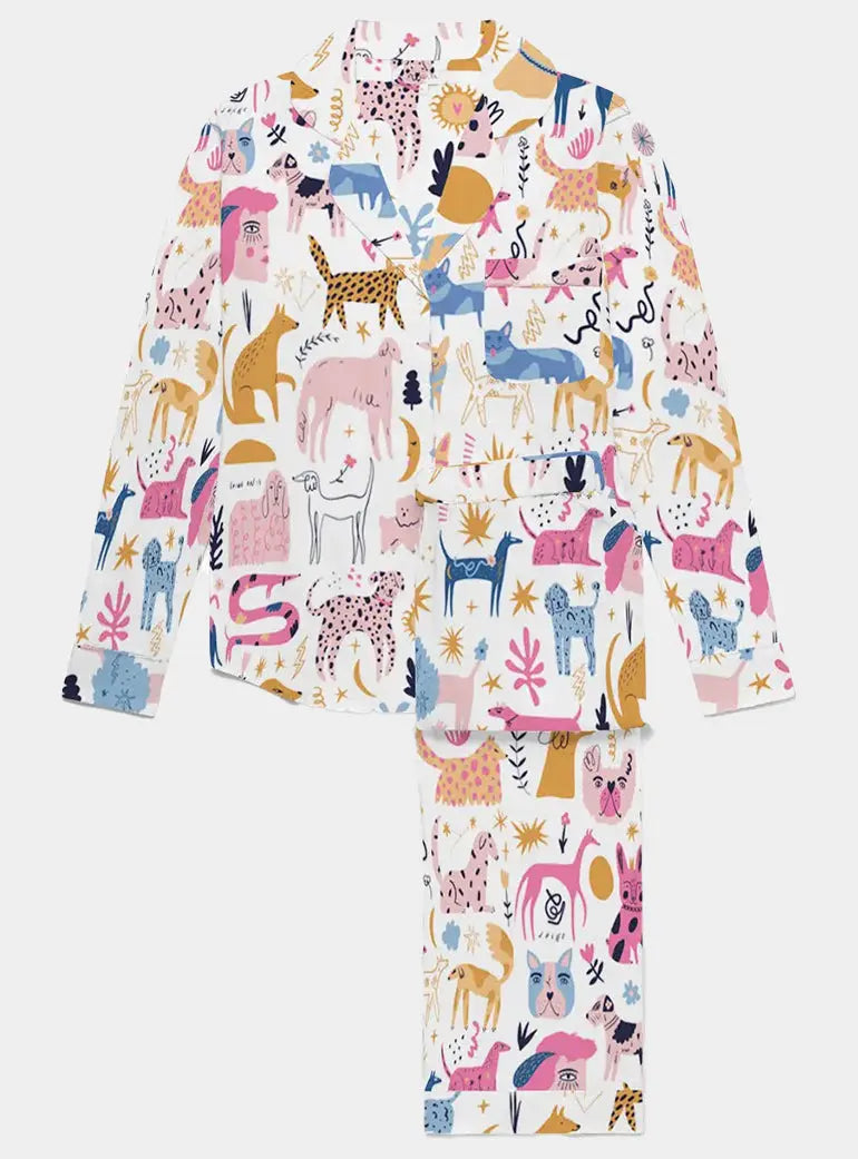 Dog Print Women's Long Sleeve Organic Cotton Pyjama Trouser Set Myza