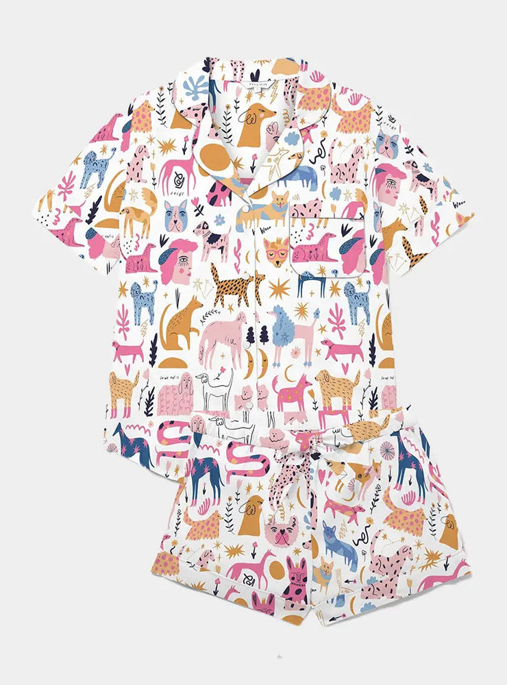 Dog Print Women's Short Sleeve Organic Cotton Pyjama Short Set Myza