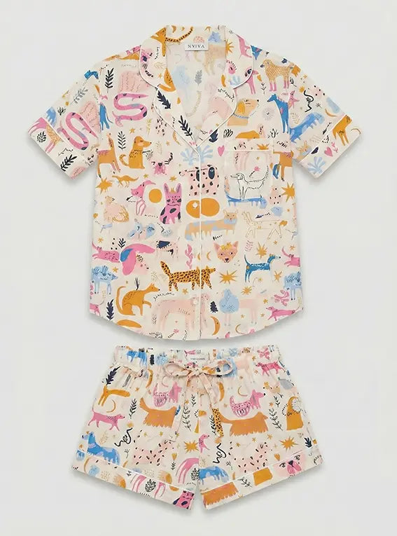 Dog Print Women's Short Sleeve Organic Cotton Pyjama Short Set Myza