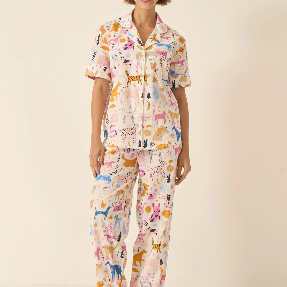 Dog Print Women's Short Sleeve Organic Cotton Pyjama Trouser Set Myza