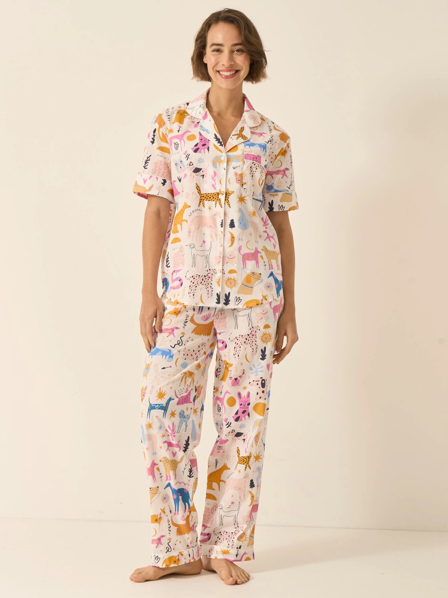 Dog Print Women's Short Sleeve Organic Cotton Pyjama Trouser Set Myza