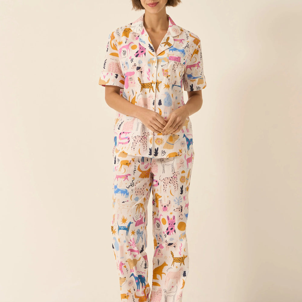 Dog Print Women's Short Sleeve Organic Cotton Pyjama Trouser Set Myza