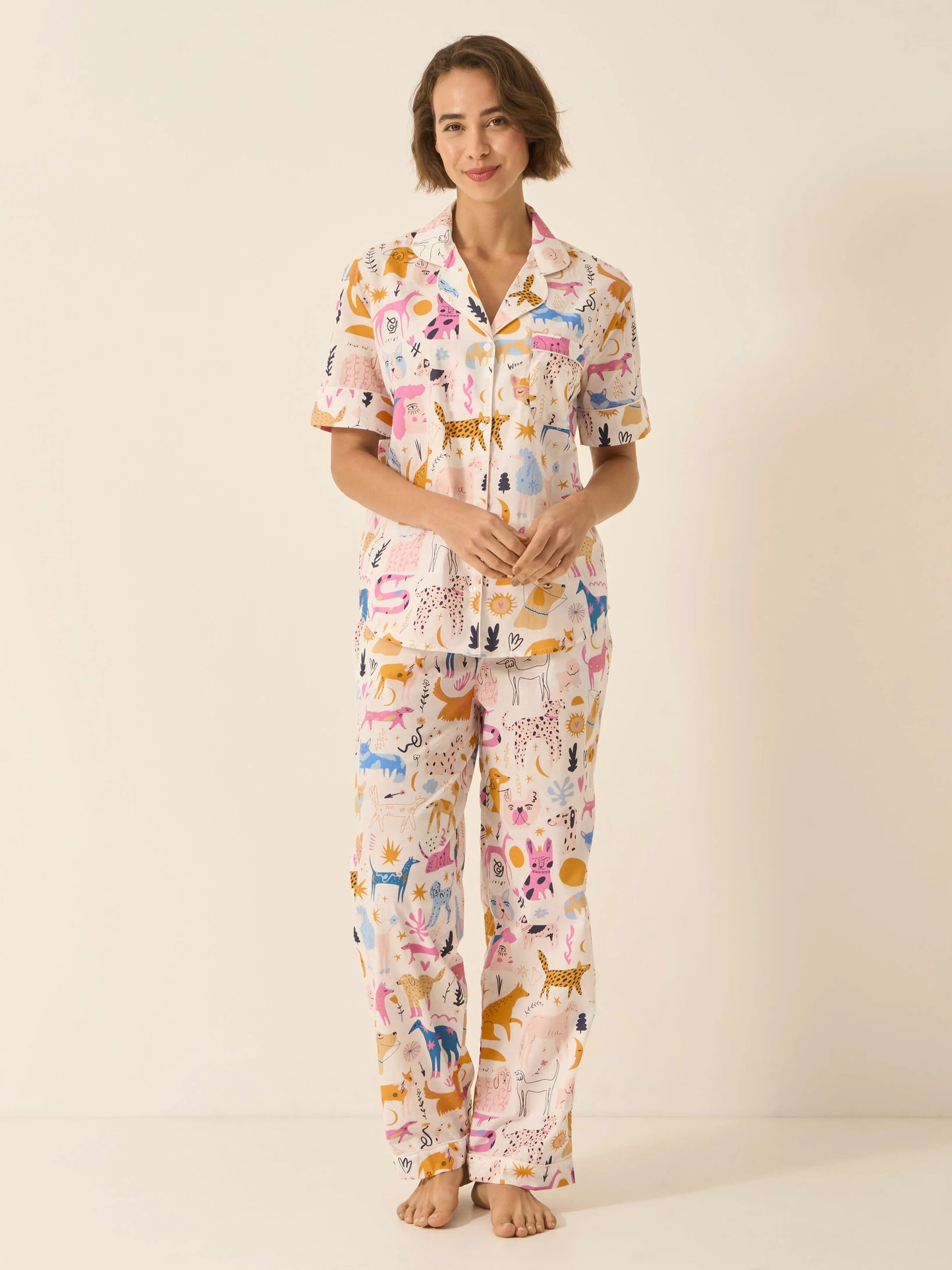 Dog Print Women's Short Sleeve Organic Cotton Pyjama Trouser Set Myza