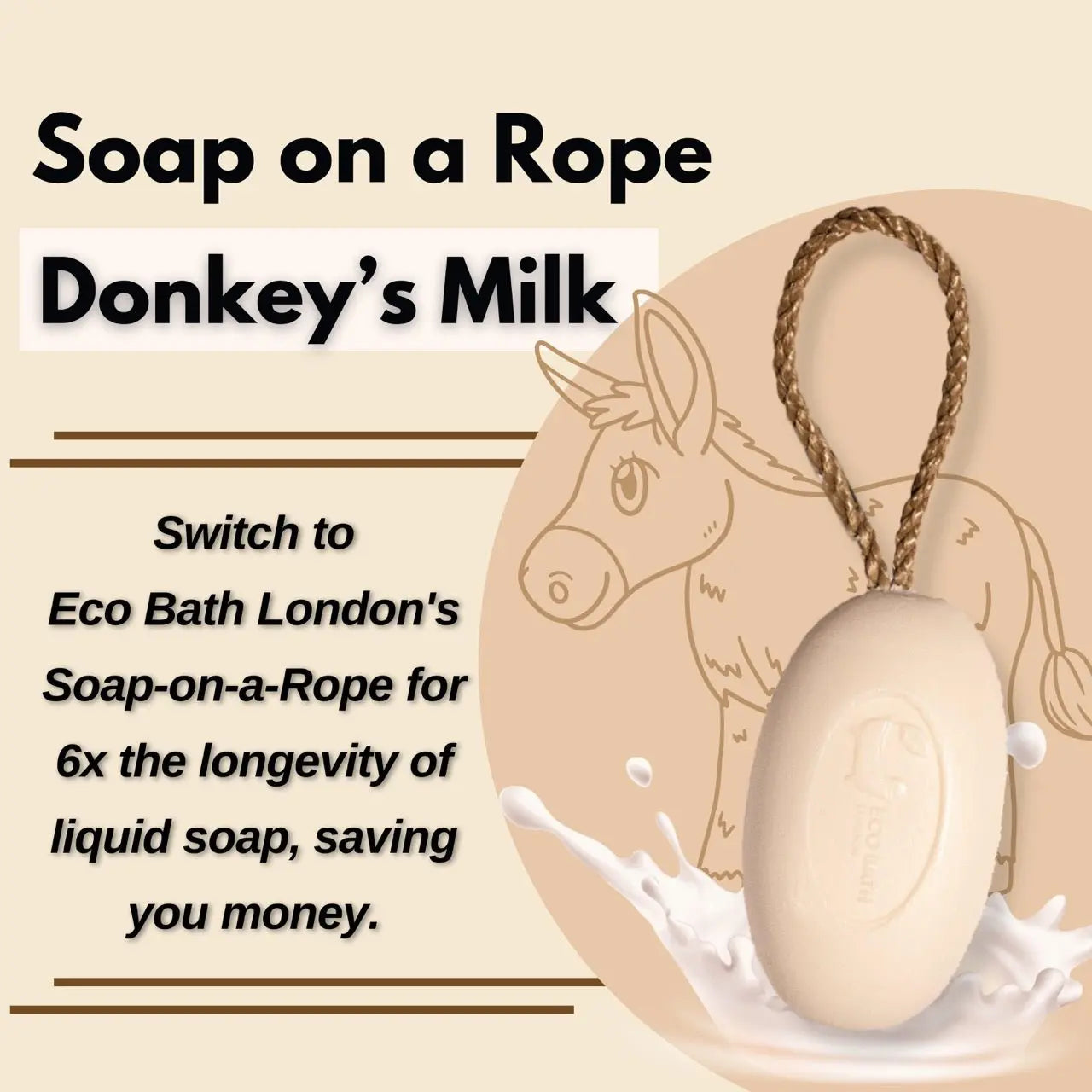 Donkey’s Milk Soap on a Rope 220g - Luxurious and Eco Friendly Body Wash Bar with Shea Butter Eco Bath London