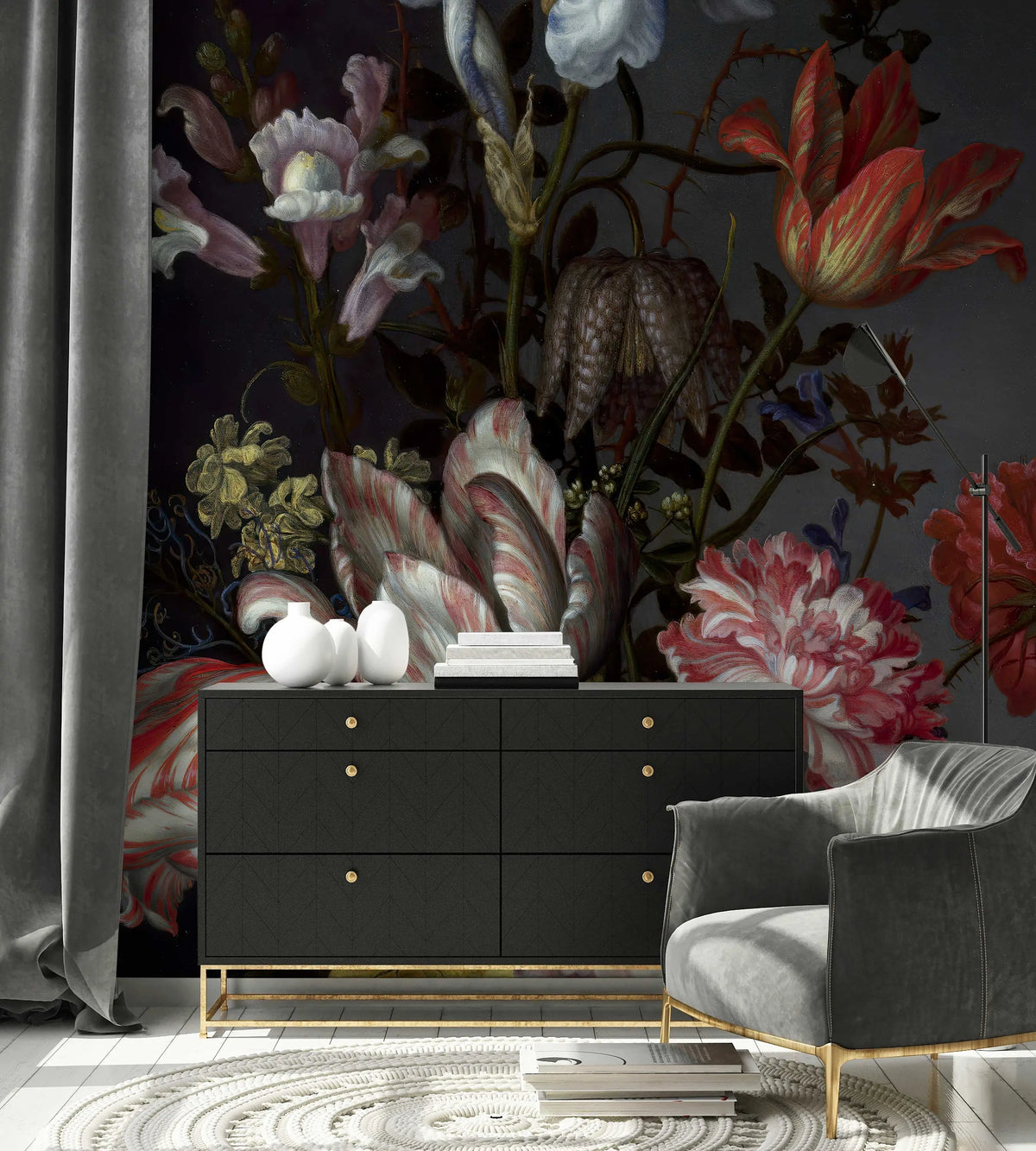 Dutch Dark Classic Floral Removable Wallpaper | Wall mural | Peel and Stick | Floral Wallpaper | Self Adhesive | Temporary mural ClickWalls