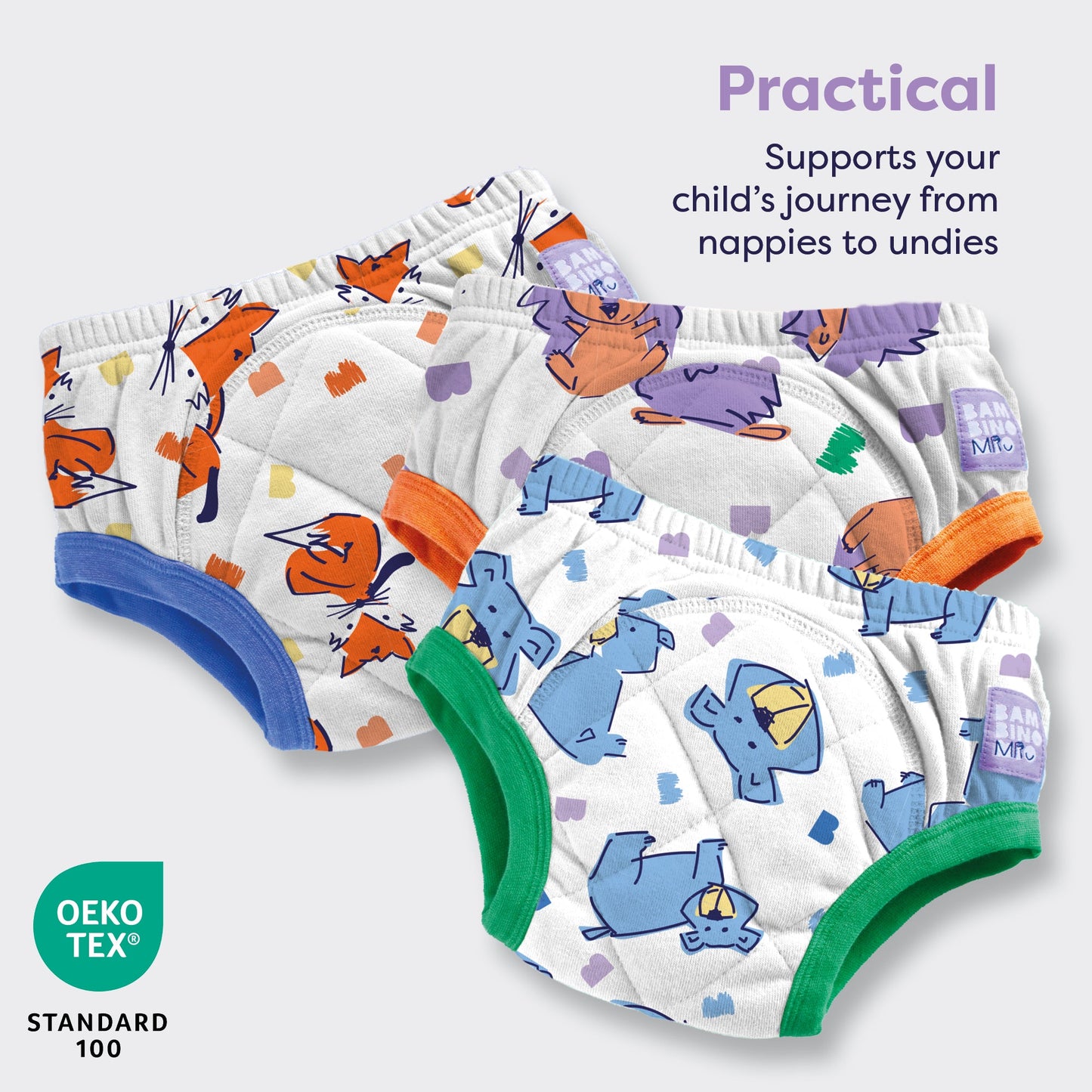 3 Pack Reusable Potty Training Pants in Outdoor Animals - Enhanced Design Bambino Mio (UK)