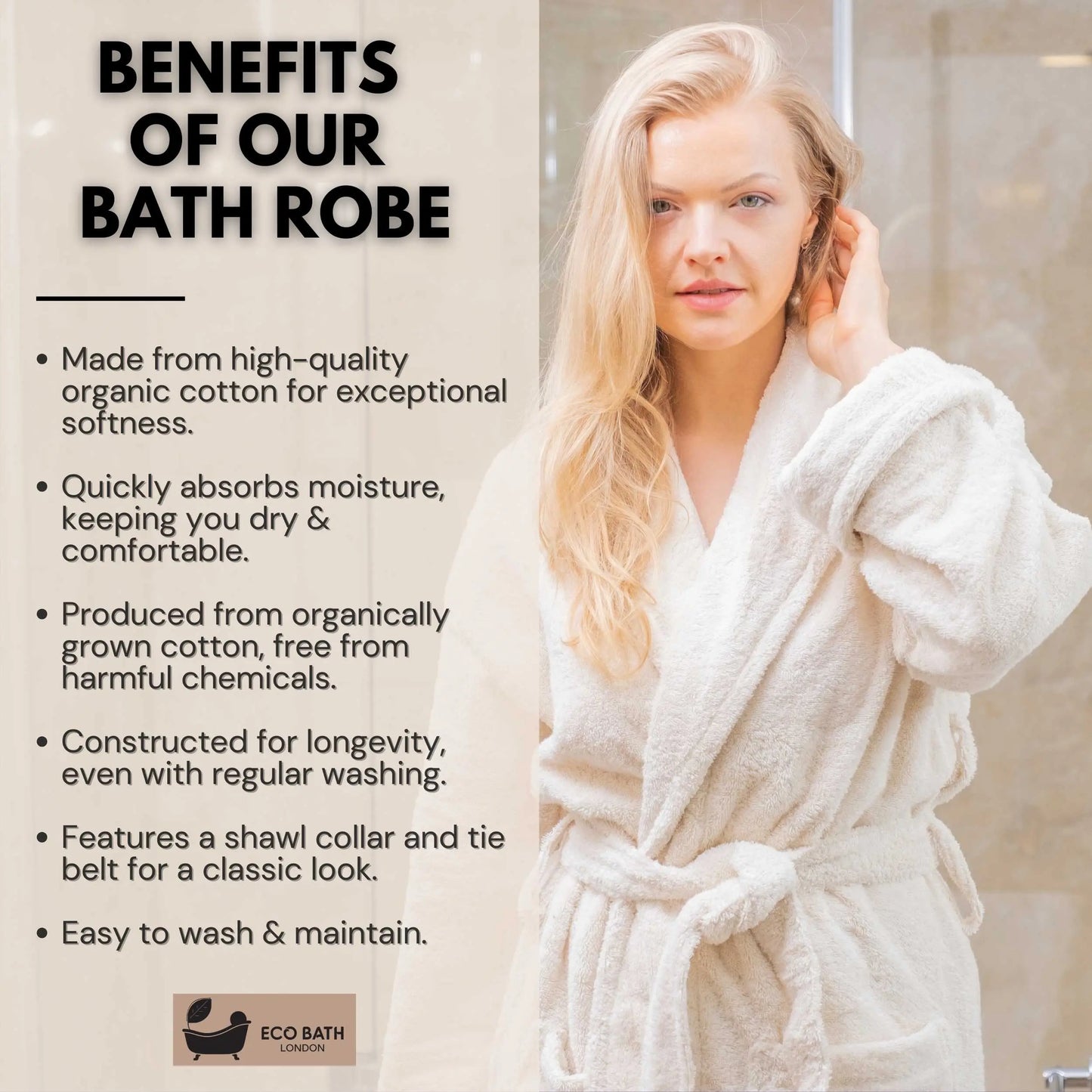 Eco Bath London Organic Cotton Shawl Collar Bath Robe - 100% Certified Organic Cotton Eco Bath London