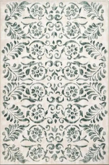 Eco-Washable Beige and Green Rug Floral Design The Rugs