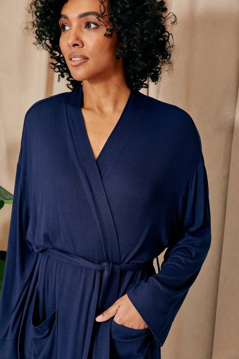 EcoVero Ribbed Robe in Midnight Pretty You London