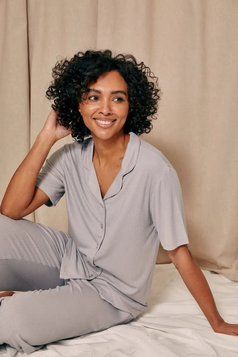 EcoVero Ribbed Shirt Capri Set in Grey Pretty You London