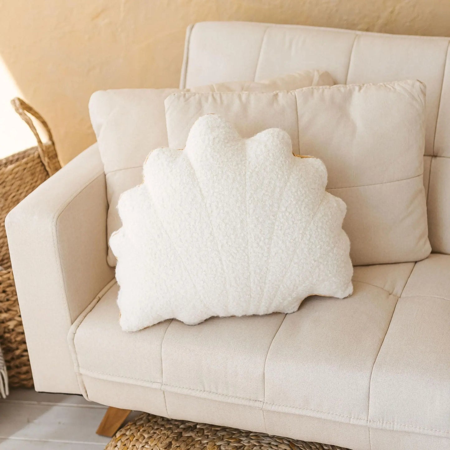 Ecru Boucle Seashell Cushion with Chic Golden Trim MINICAMP