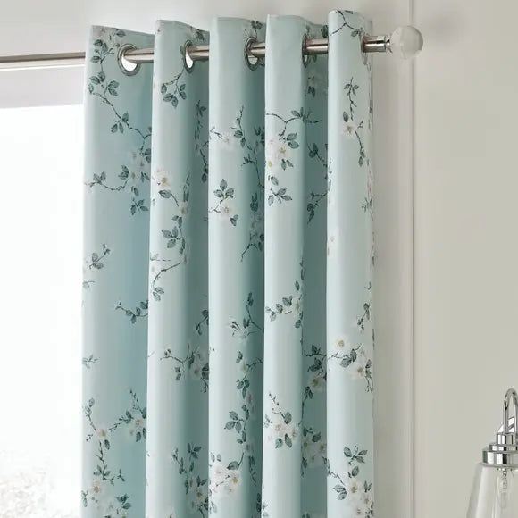 Edith Duck Egg Floral Blackout Eyelet Curtains Dunelm