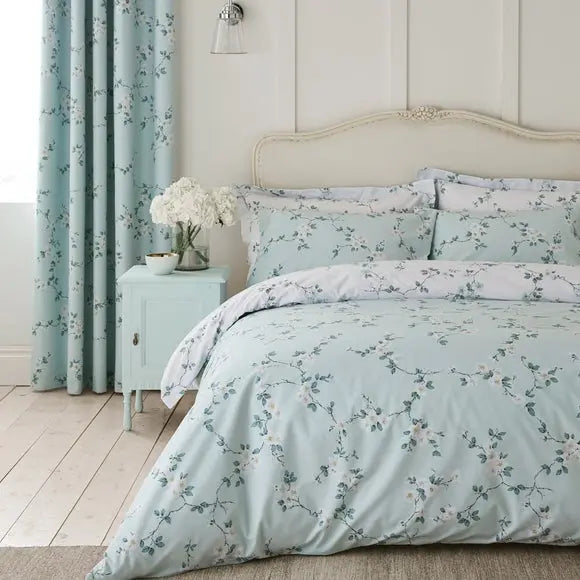 Edith Duck Egg Floral Reversible Duvet Cover and Pillowcase Set Dunelm