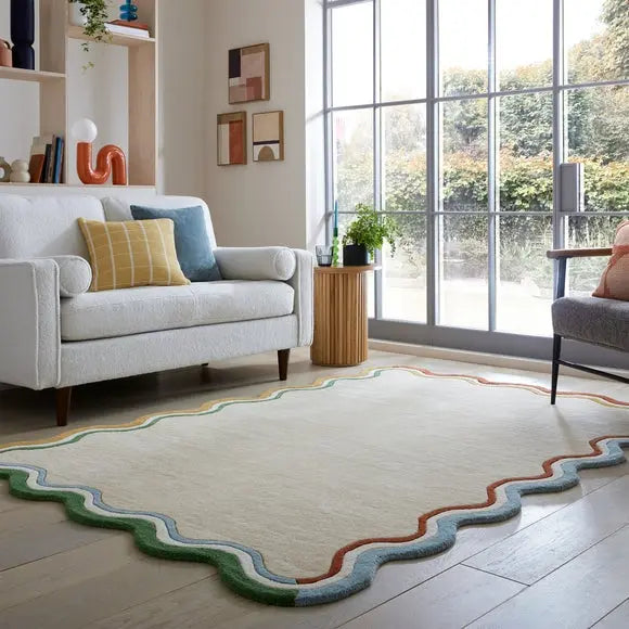 Elements Wave Natural Border Wool Rug Dunelm