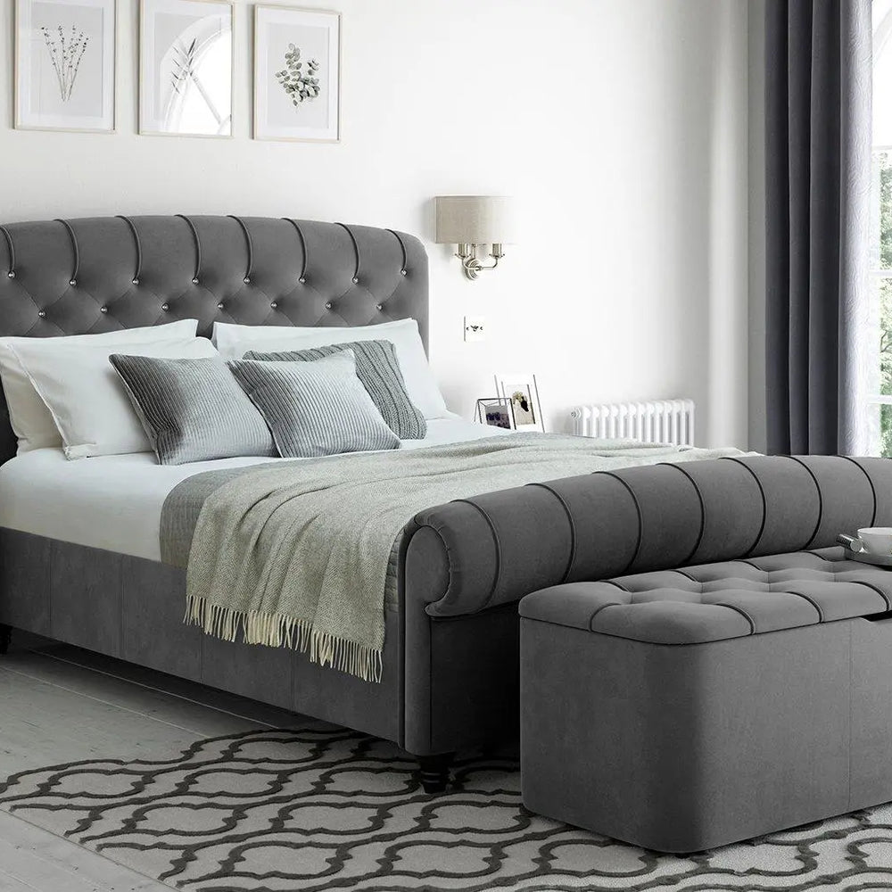 Ellis Velvet Finish Bed Frame - Grey Dreams