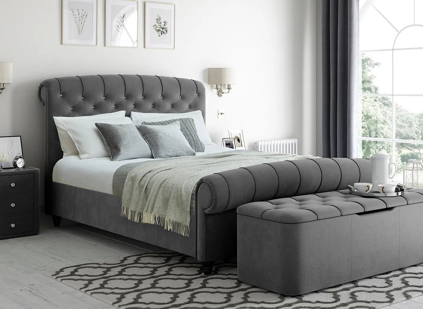Ellis Velvet Finish Bed Frame - Grey Dreams