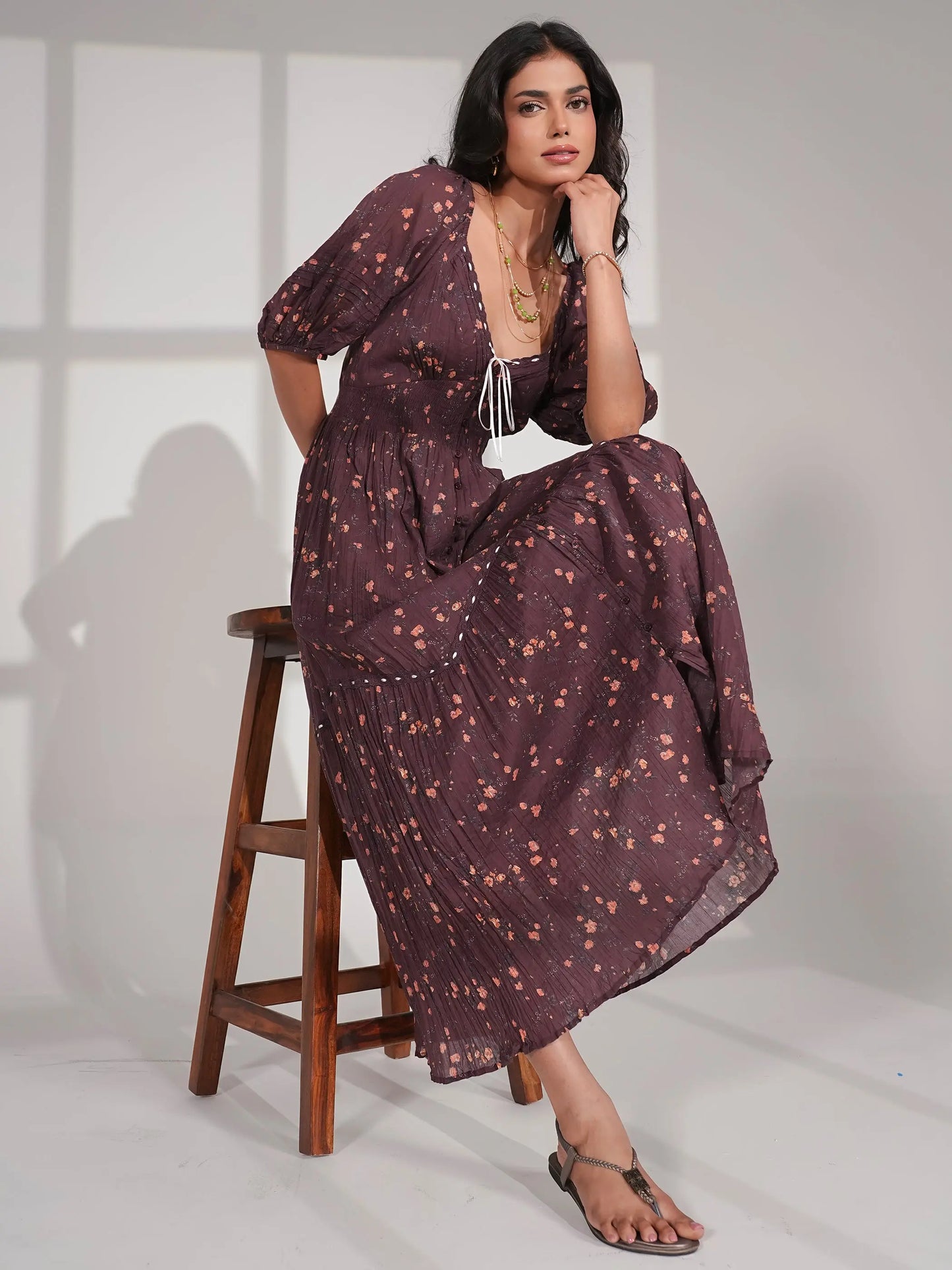 Eloise Burgundy Floral Cotton Midi Dress Rose & Nancy