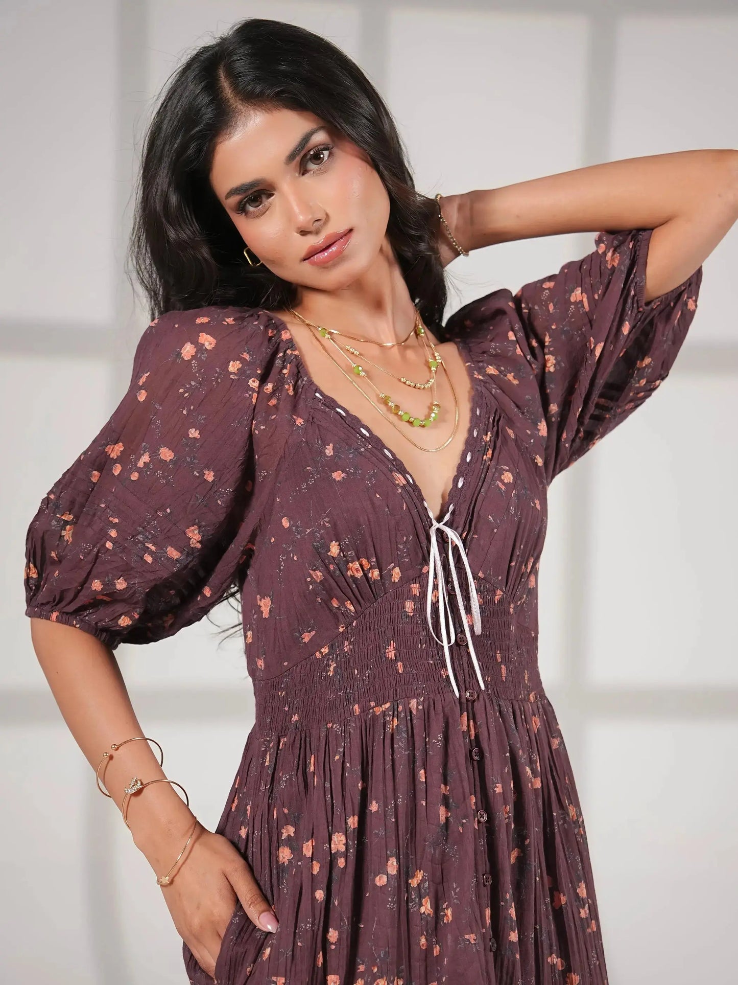 Eloise Burgundy Floral Cotton Midi Dress Rose & Nancy
