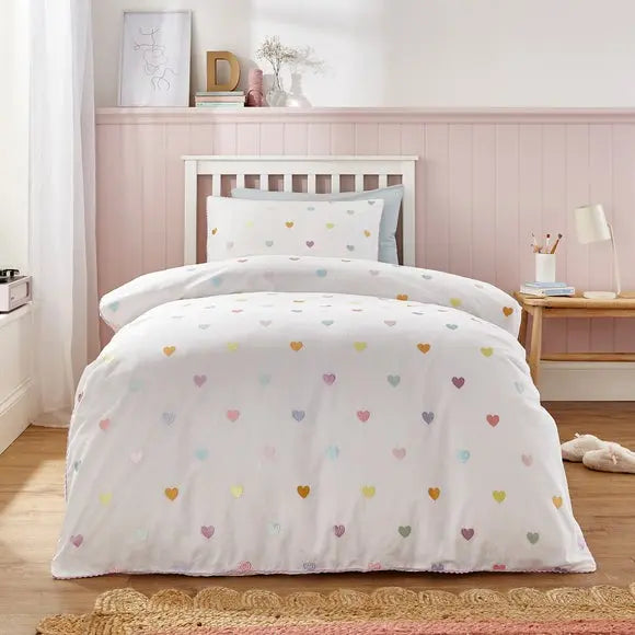 Embroidered Hearts Single Duvet Cover and Pillowcase Set Dunelm