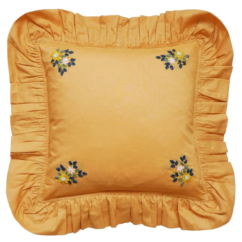 Embroidered Ruffle Cushion Made With Linen Liberty Fabric Turmeric Coco & Wolf
