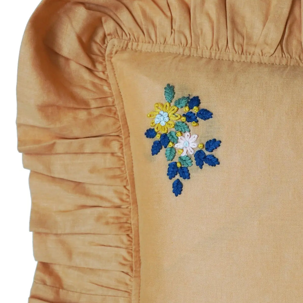Embroidered Ruffle Cushion Made With Linen Liberty Fabric Turmeric Coco & Wolf