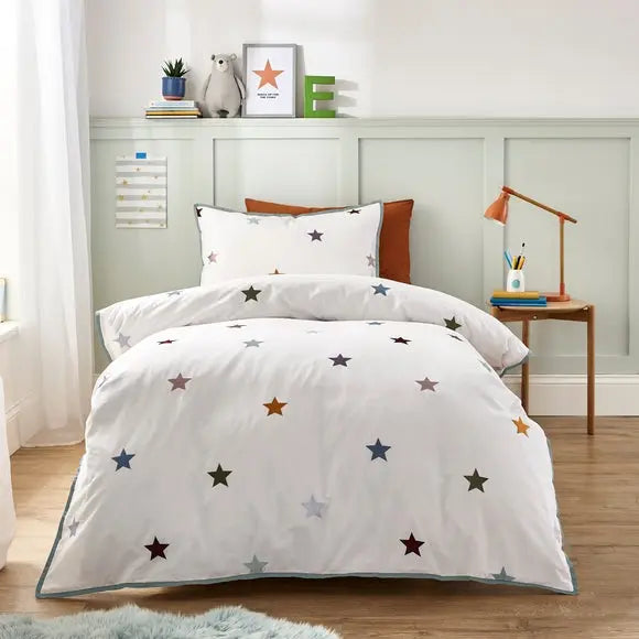 Embroidered Stars Single Duvet Cover and Pillowcase Set Dunelm