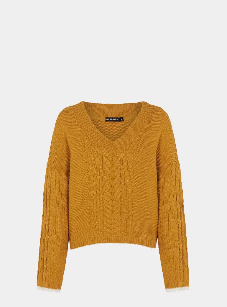Emma v Neck Cable Jumper - Mustard Cara & The Sky