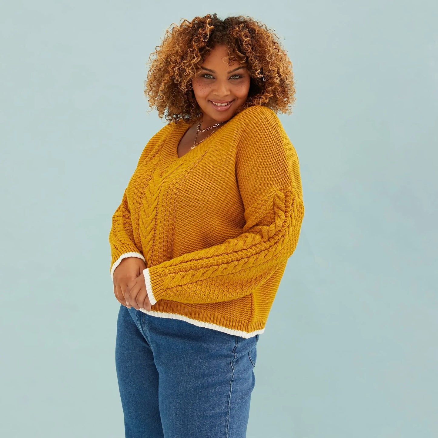 Emma v Neck Cable Jumper - Mustard Cara & The Sky
