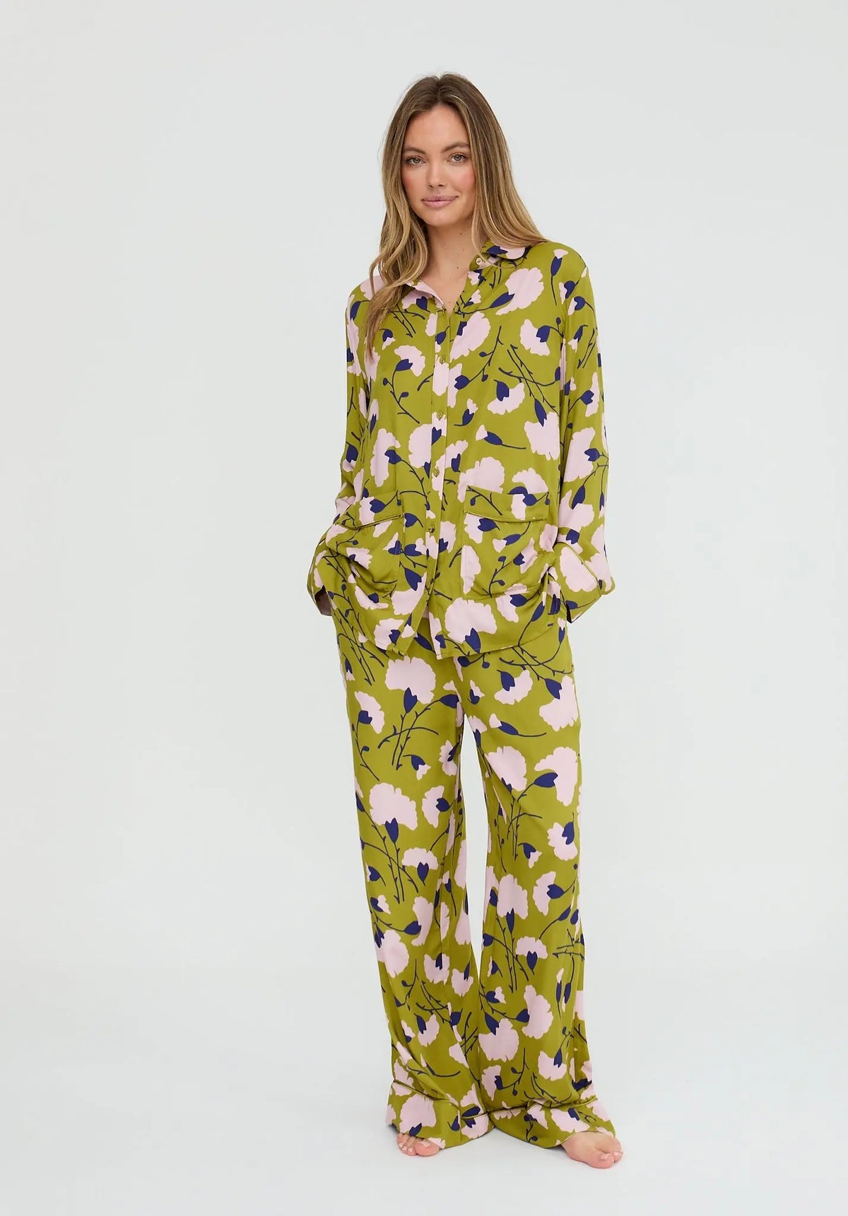 Evie Long Sleeve Floral Print Pyjama Set In Green Lily and Lionel