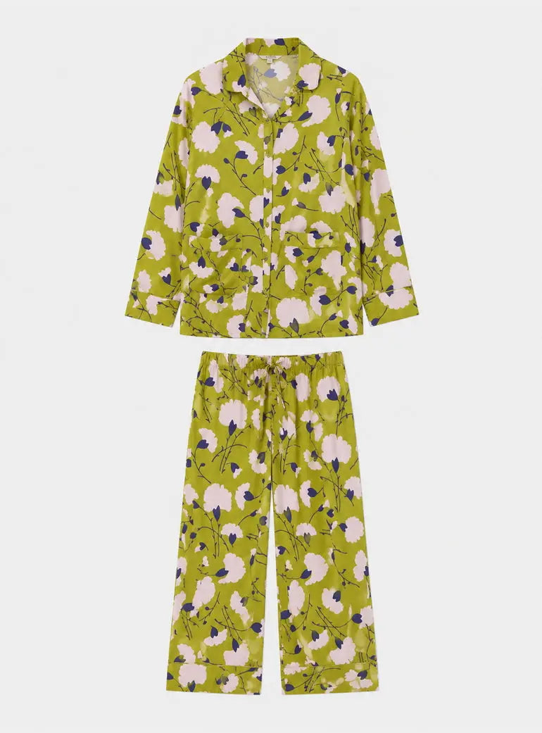 Evie Long Sleeve Floral Print Pyjama Set In Green Lily and Lionel